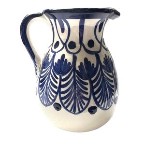 Hnos Pedraza Handcrafted Spanish Art Pottery Pitcher Hand Painted Blue White 6"